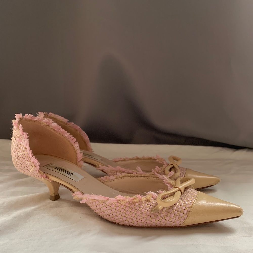 Moschino Pink Woven Raffia kitten heel
